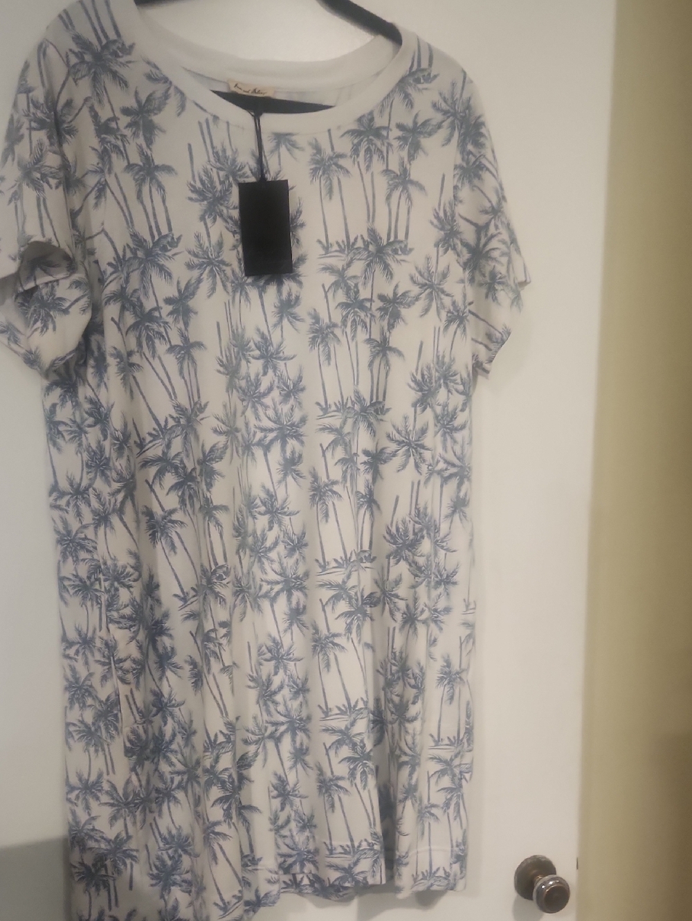 White Tee Dress with Blue Palm Tree Print